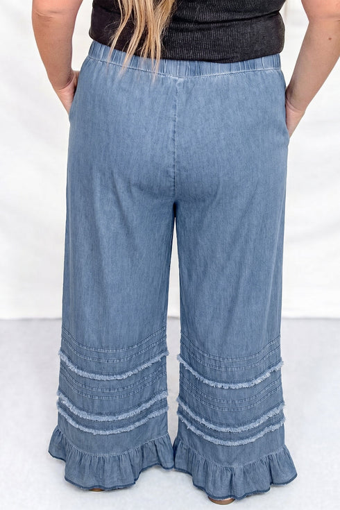 Tiered Raw Edge Ruffled Wide Leg Denim Pants