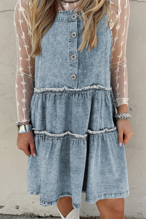 Tiered Rick Rack Overall Denim Mini Dresses