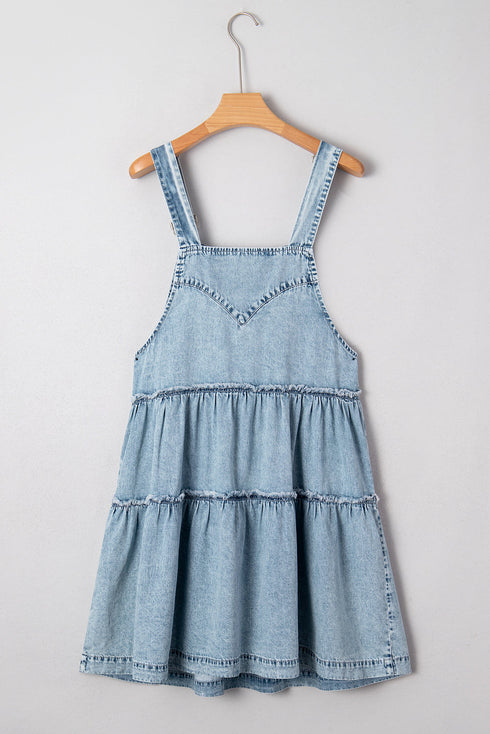 Tiered Rick Rack Overall Denim Mini Dresses