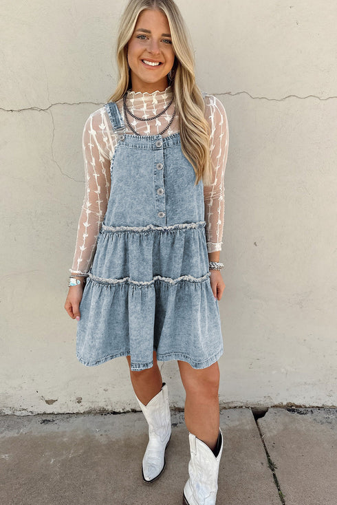 Tiered Rick Rack Overall Denim Mini Dresses