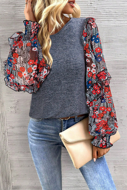 Tiered Ruffle Floral Print Sleeve Crew Neck Blouse