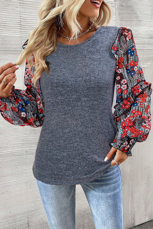 Tiered Ruffle Floral Print Sleeve Crew Neck Blouse