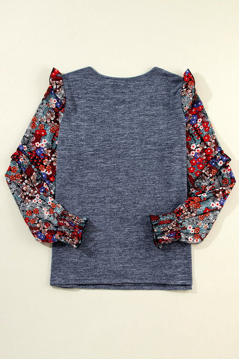 Tiered Ruffle Floral Print Sleeve Crew Neck Blouse
