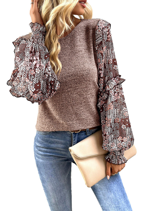 Tiered Ruffle Floral Print Sleeve Crew Neck Blouse