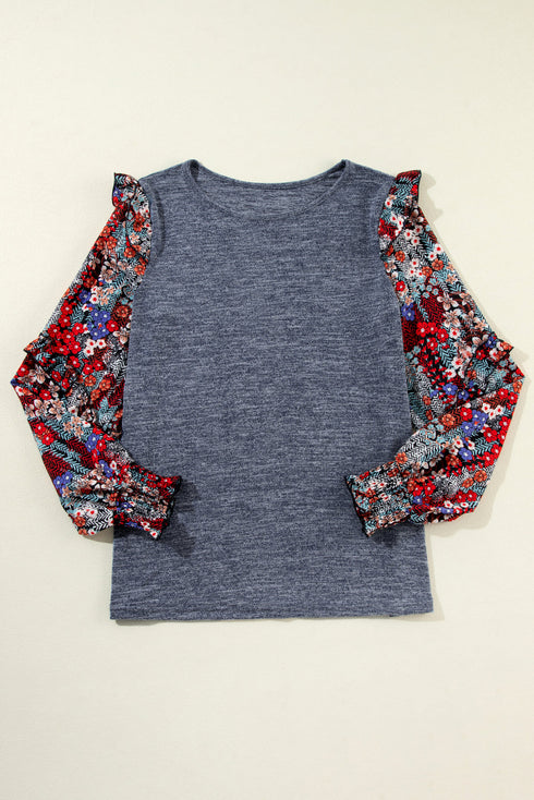 Tiered Ruffle Floral Print Sleeve Crew Neck Blouse