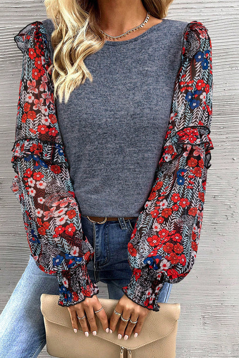 Tiered Ruffle Floral Print Sleeve Crew Neck Blouse