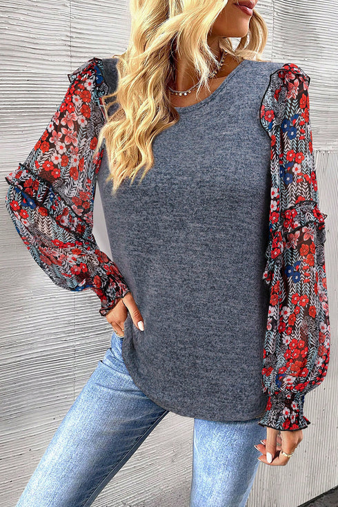 Tiered Ruffle Floral Print Sleeve Crew Neck Blouse