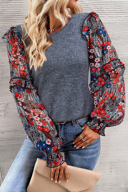 Tiered Ruffle Floral Print Sleeve Crew Neck Blouse
