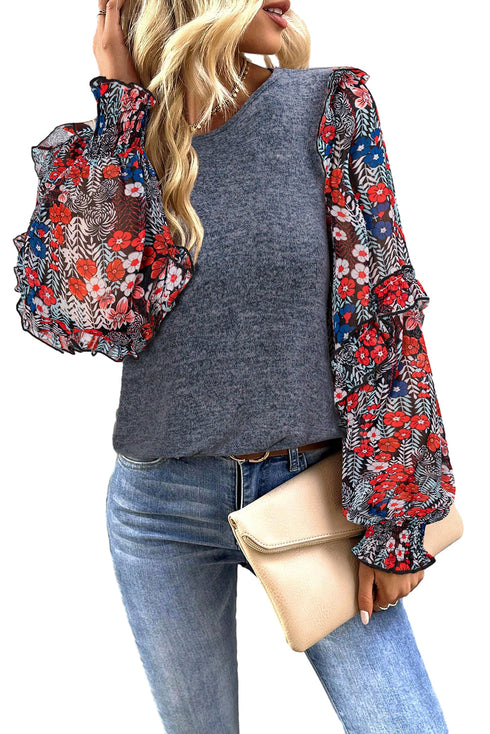 Tiered Ruffle Floral Print Sleeve Crew Neck Blouse