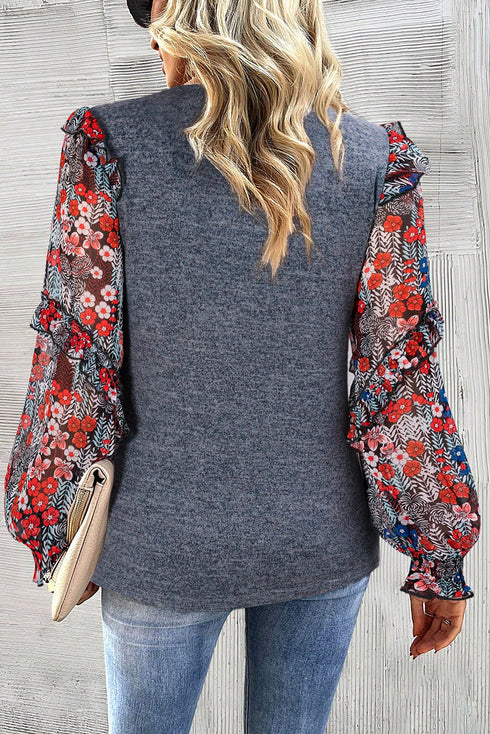 Tiered Ruffle Floral Print Sleeve Crew Neck Blouse