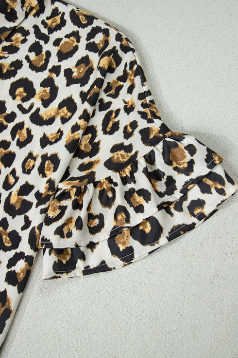 Tiered Ruffle Sleeve Animal Print Button Down Shirt