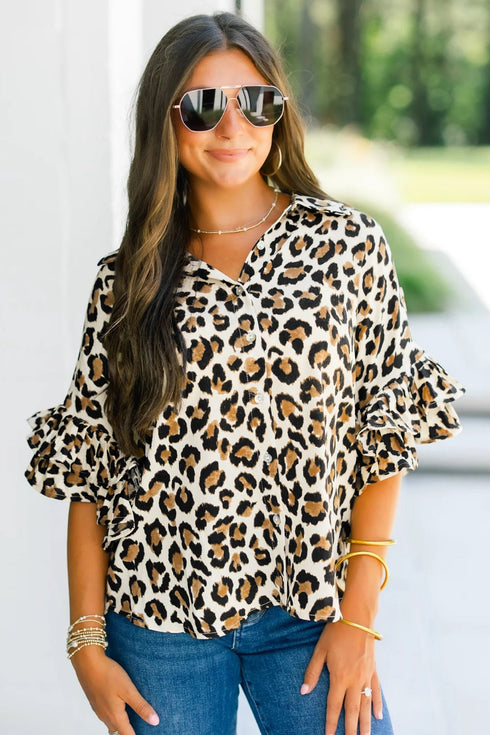 Tiered Ruffle Sleeve Animal Print Button Down Shirt
