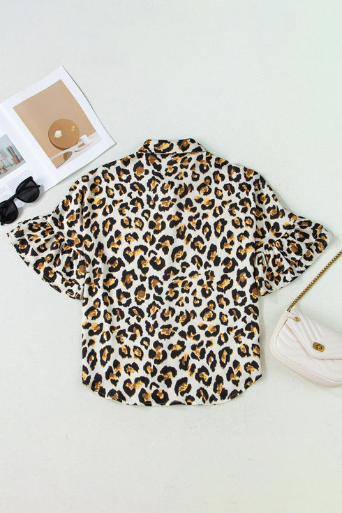 Tiered Ruffle Sleeve Animal Print Button Down Shirt