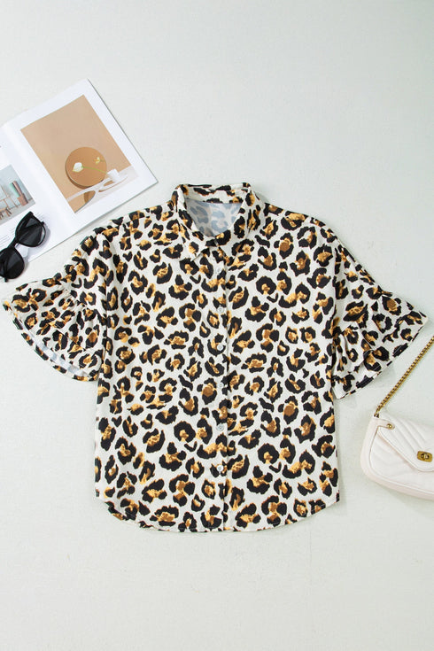 Tiered Ruffle Sleeve Animal Print Button Down Shirt