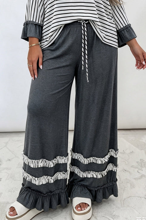 Tiered Ruffled Flowing Drape Relaxed Fit Wide Leg Pants