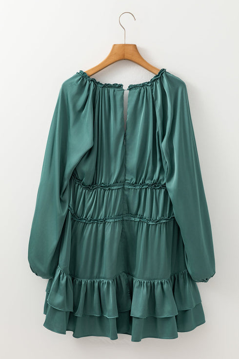 Tiered Ruffled Puff Sleeve Loose Fit Mini Dress