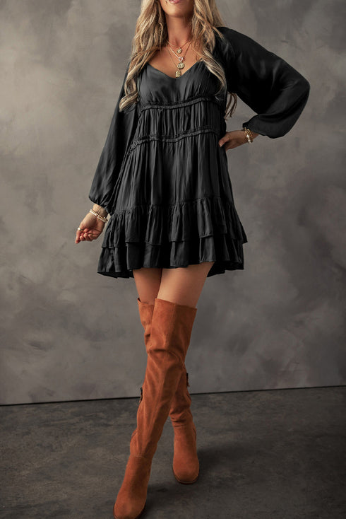 Tiered Ruffled Puff Sleeve Loose Fit Mini Dress