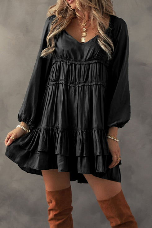 Tiered Ruffled Puff Sleeve Loose Fit Mini Dress