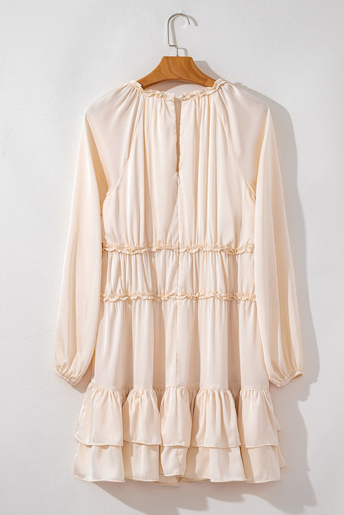Tiered Ruffled Puff Sleeve Loose Fit Mini Dress