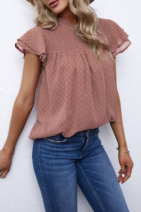 Tiered Sleeve Frilled Neck Dotted Top