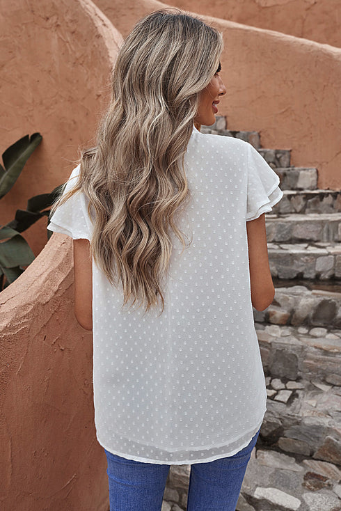 Tiered Sleeve Frilled Neck Dotted Top