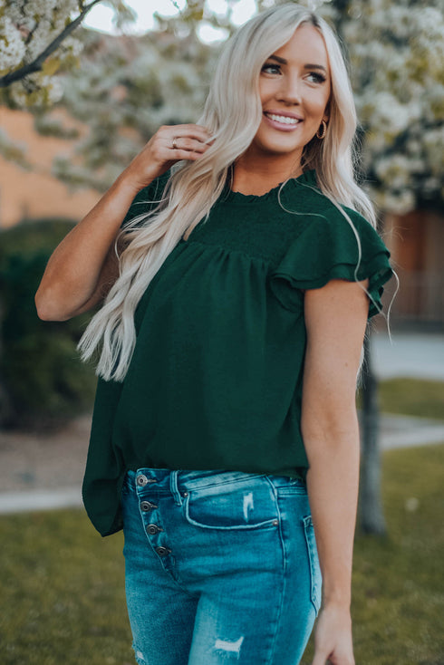 Tiered Sleeve Frilled Neck Dotted Top