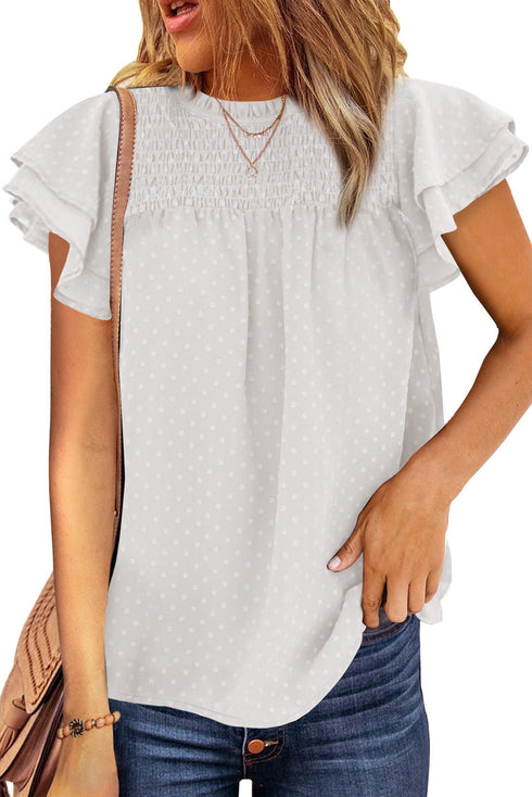 Tiered Sleeve Frilled Neck Dotted Top