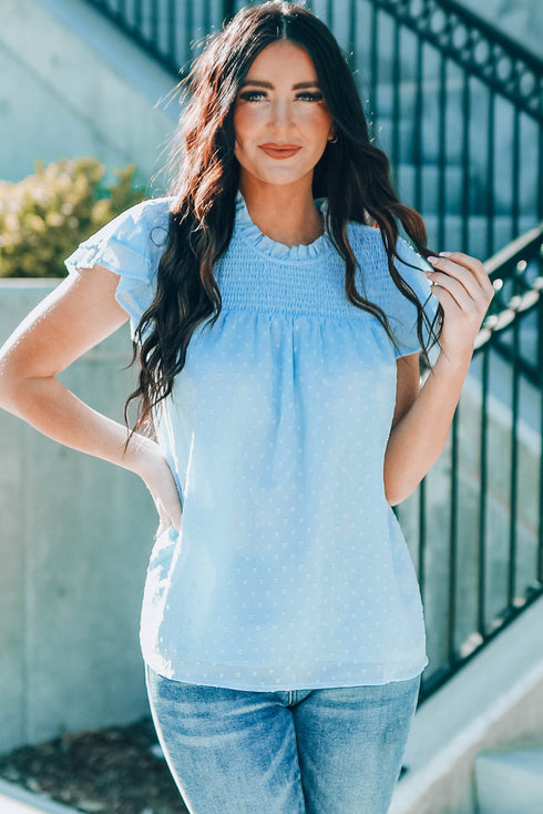 Tiered Sleeve Frilled Neck Dotted Top