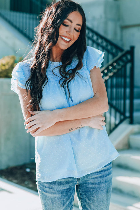 Tiered Sleeve Frilled Neck Dotted Top