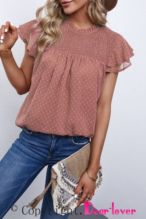 Tiered Sleeve Frilled Neck Dotted Top