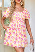 Timeless Blossom Print Puff Sleeve Square Neck Pleated A Line Dress