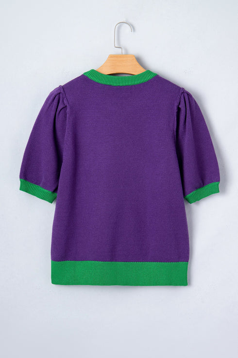 Tinsel Graphic Letter Print Contrast Trim Short Sleeve Sweater