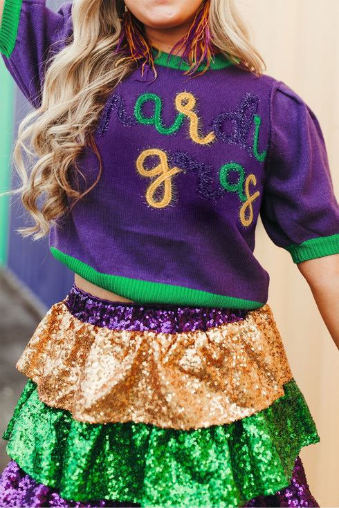 Tinsel Graphic Letter Print Contrast Trim Short Sleeve Sweater