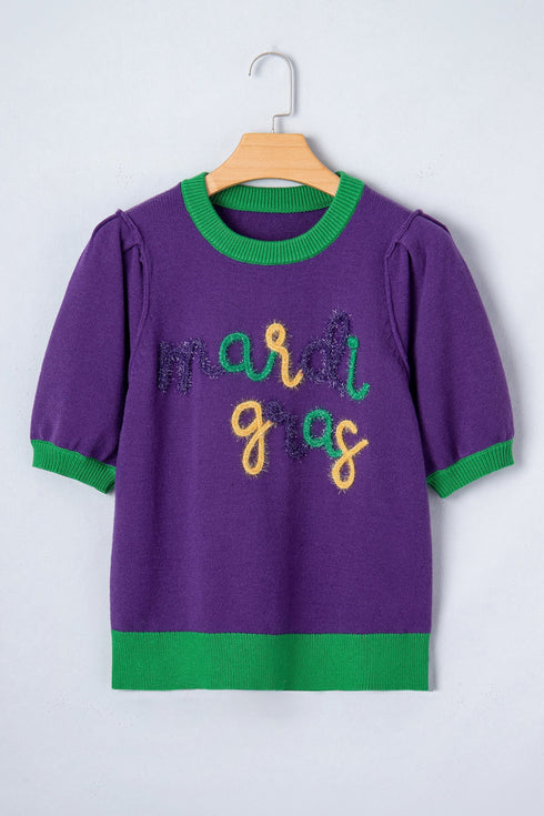 Tinsel Graphic Letter Print Contrast Trim Short Sleeve Sweater