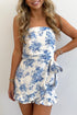 Toile Print Strapless Faux Wrap Tie Waist Ruffle Romper