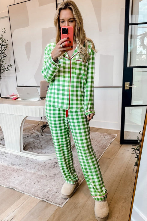 Traditional Plaid Print Notched Collar Long Sleeve Pajama Set