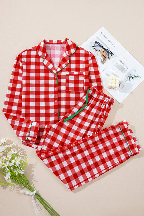 Traditional Plaid Print Notched Collar Long Sleeve Pajama Set