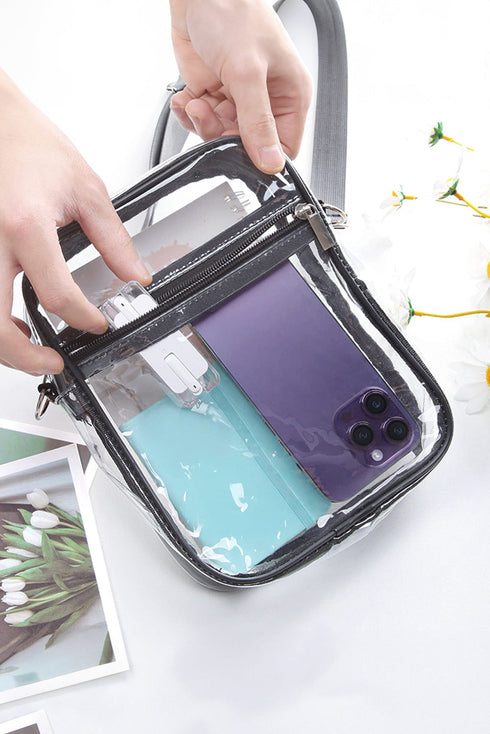 Transparent PVC Zippered Front Mesh Pocket Crossbody Bag