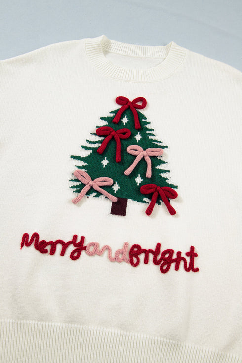 Tree Bow Applique Drop Shoulder Knit Sweater