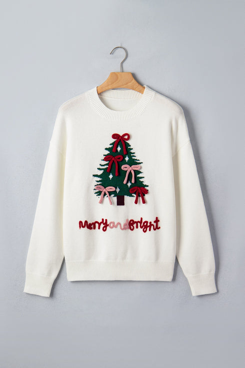 Tree Bow Applique Drop Shoulder Knit Sweater