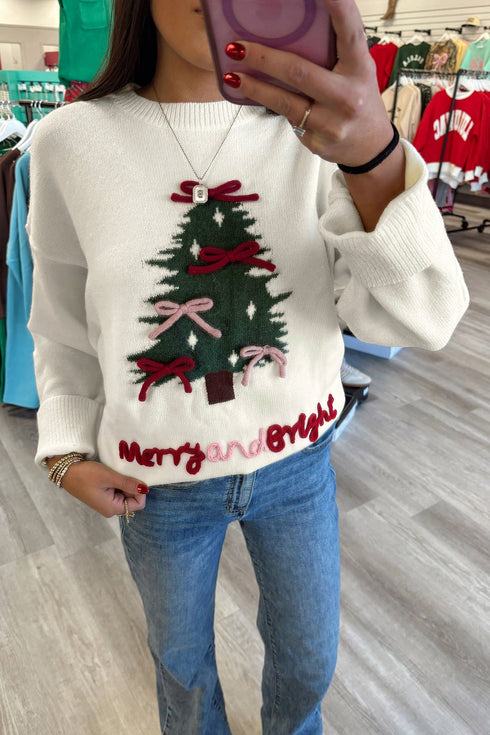 Tree Bow Applique Drop Shoulder Knit Sweater