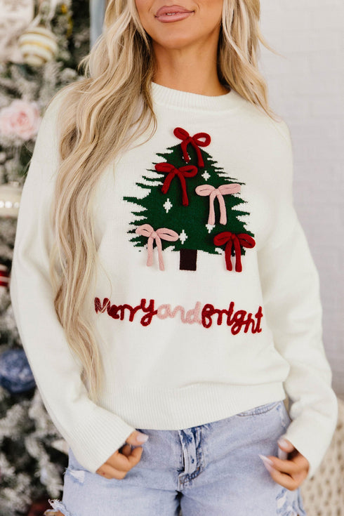 Tree Bow Applique Drop Shoulder Knit Sweater