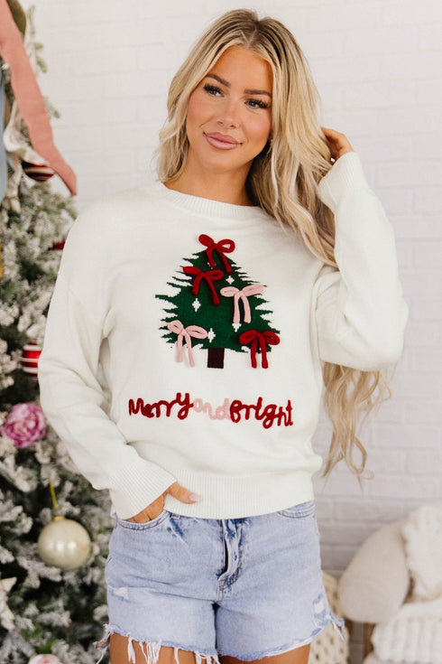 Tree Bow Applique Drop Shoulder Knit Sweater