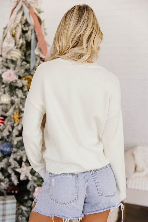 Tree Bow Applique Drop Shoulder Knit Sweater