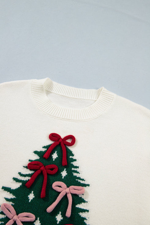 Tree Bow Applique Drop Shoulder Knit Sweater