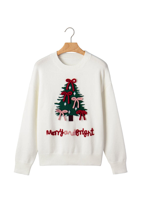 Tree Bow Applique Drop Shoulder Knit Sweater