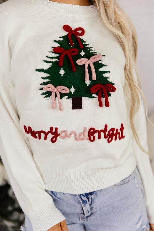Tree Bow Applique Drop Shoulder Knit Sweater