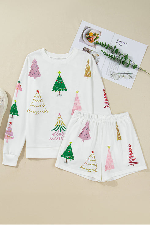 Tree Graphic Long Sleeve Top And Striped Shorts Lounge Set