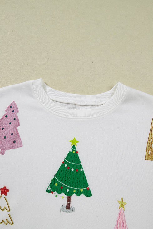 Tree Print Crew Neck Drop Shoulder Long Sleeve Shorts Lounge Set