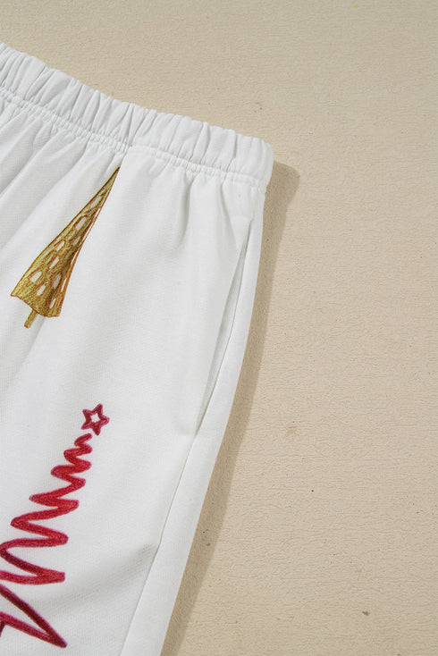 Tree Print Crew Neck Drop Shoulder Long Sleeve Shorts Lounge Set